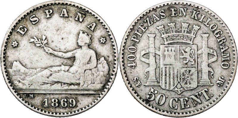 1869*69. Gobierno Provisional. SNM. 50 céntimos. (AC. 13). 2,53 g. BC+.