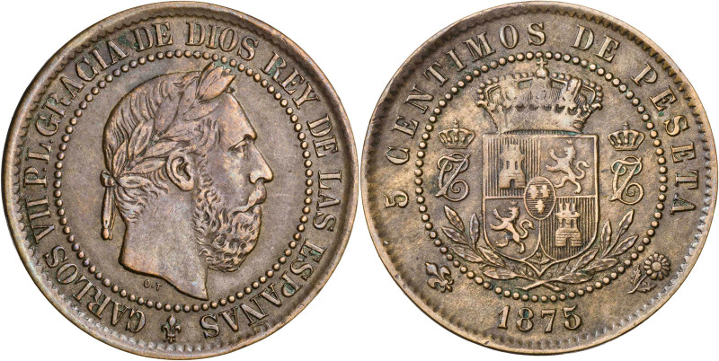 1875. Carlos VII, Pretendiente. Oñate. 5 céntimos. (AC. 2). Limpiada. 4,85 g. MB...