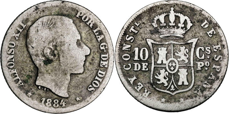 1884. Alfonso XII. Manila. 10 centavos. (AC. 100). Escasa. 2,43 g. BC.