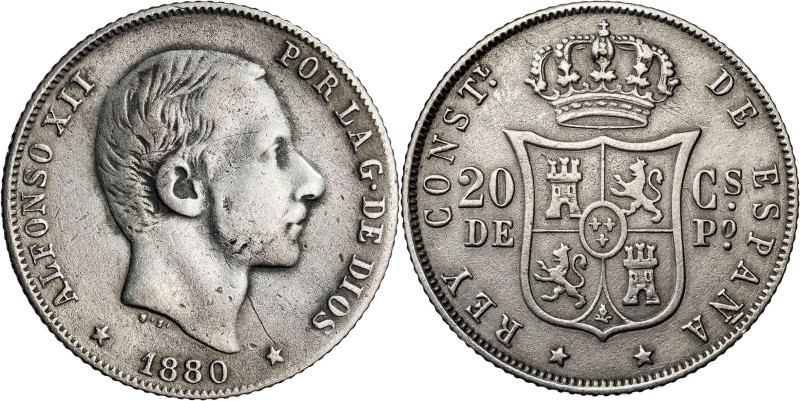 1880. Alfonso XII. Manila. 20 centavos. (AC. 103). Rara. 4,99 g. MBC-/MBC.