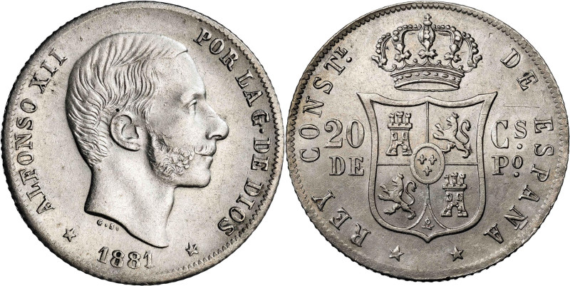 1881. Alfonso XII. Manila. 20 centavos. (AC. 105). Preciosa pátina. Escasa así. ...