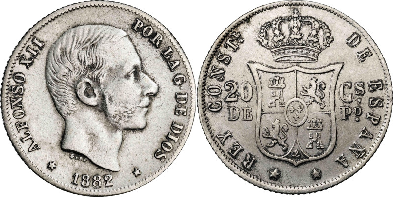 1882. Alfonso XII. Manila. 20 centavos. (AC. 107). 5,22 g. MBC.