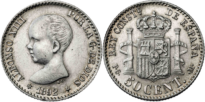 1892*92. Alfonso XIII. PGM. 50 céntimos. (AC. 38). 2,59 g. EBC-.