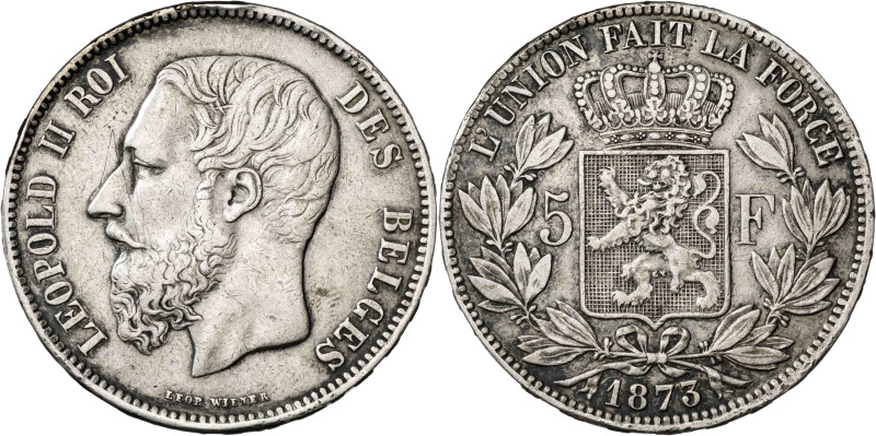 Bélgica. 1873. Leopoldo II. 5 francos. (KM. 24). AG. 24,91 g. MBC-/MBC.