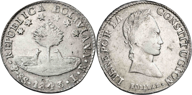 Bolivia. 1843. Potosí. LR. 8 soles. (KM. 103). AG. 26,89 g. MBC+.