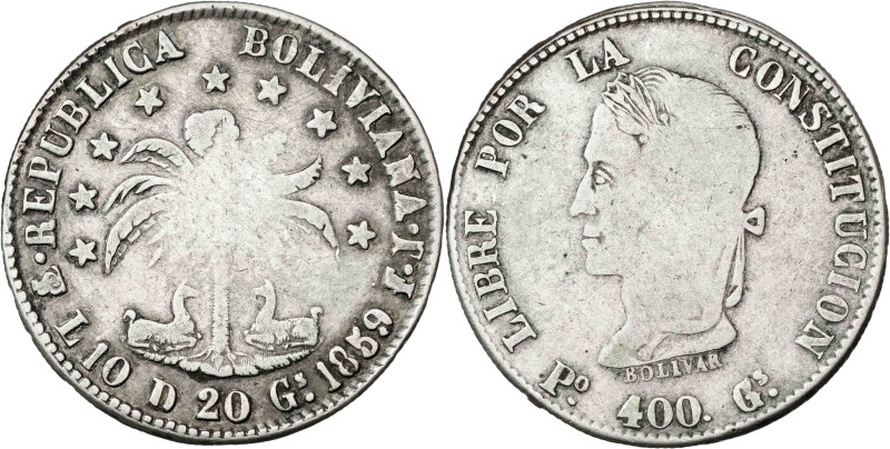 Bolivia. 1859. Potosí. FJ. 8 soles. (KM. 138.2). Escasa. AG. 18,63 g. BC+.