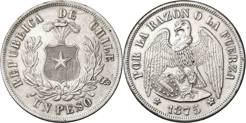 Chile. 1875. Santiago. 1 peso. (KM. 142.1). AG. 24,52 g. MBC+.