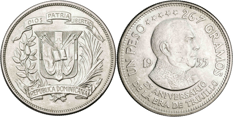 República Dominicana. 1955. 1 peso. (KM. 23). 25º Aniversario del régimen de Tru...