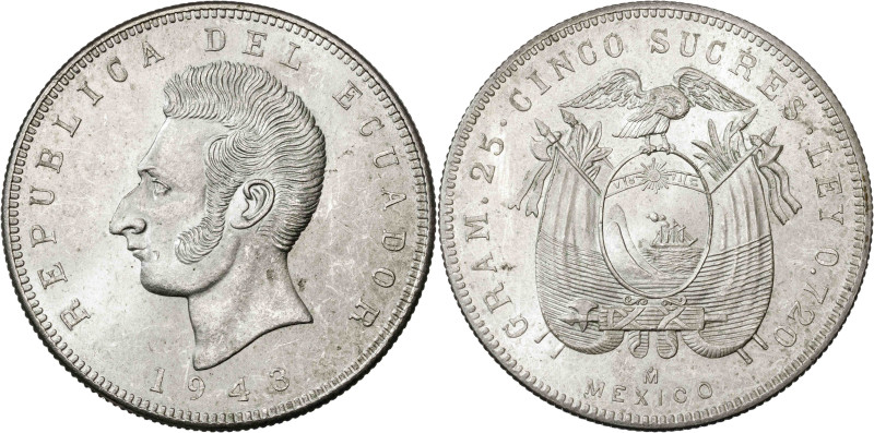 Ecuador. 1943. Mº (México). 5 sucres. (KM. 79). AG. 25,05 g. EBC+.