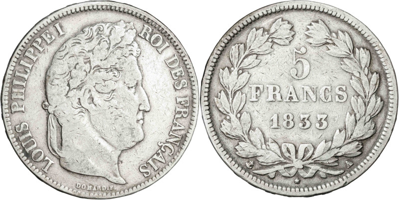 Francia. 1833. Luis Felipe I. A (París). 5 francos. (KM. 749.1). AG. 24,53 g. BC...