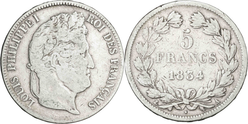 Francia. 1834. Luis Felipe I. A (París). 5 francos. (KM. 749.1). AG. 24,44 g. BC...