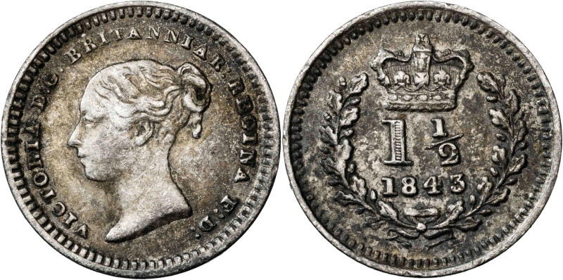 Gran Bretaña. 1843. Victoria. 1 1/2 penique. (KM. 728). AG. 0,72 g. MBC.