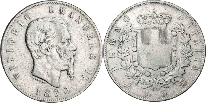 Italia. 1870. Víctor Manuel II. M (Milán). BN. 5 liras. (KM. 8.3). AG. 24,70 g. ...