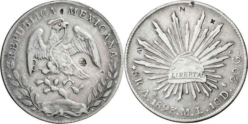 México. 1893. As (Álamos). ML. 8 reales. (KM. 377). Resellos orientales. AG. 26,...