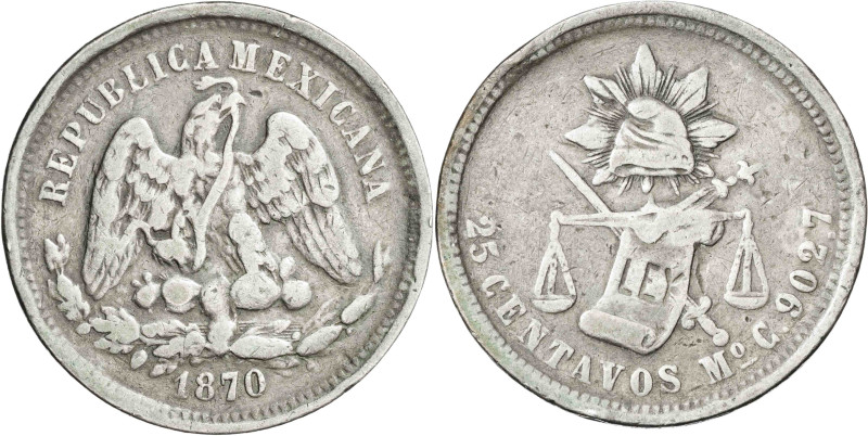 México. 1870. Mº (México). C. 25 centavos. (KM. 406.7). AG. 6,61 g. MBC-.