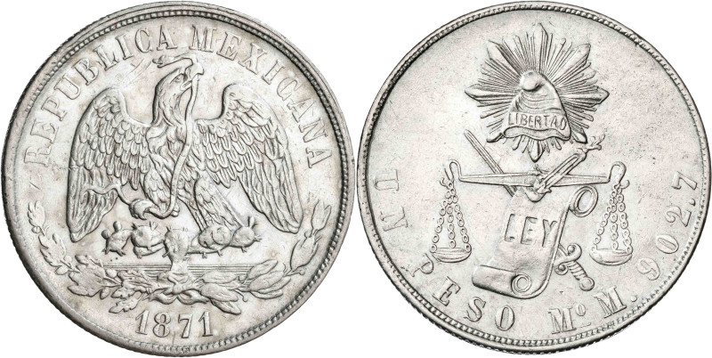 México. 1871. Mº (México). M. 1 peso. (KM. 408.5). AG. 27,01 g. MBC+.