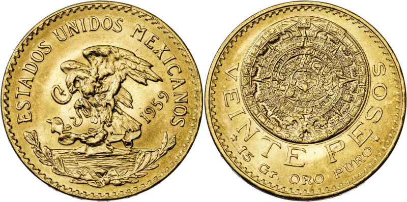 México. 1959. 20 pesos. (Fr. 171R) (KM. 478). Reacuñación. AU. 16,66 g. S/C-.