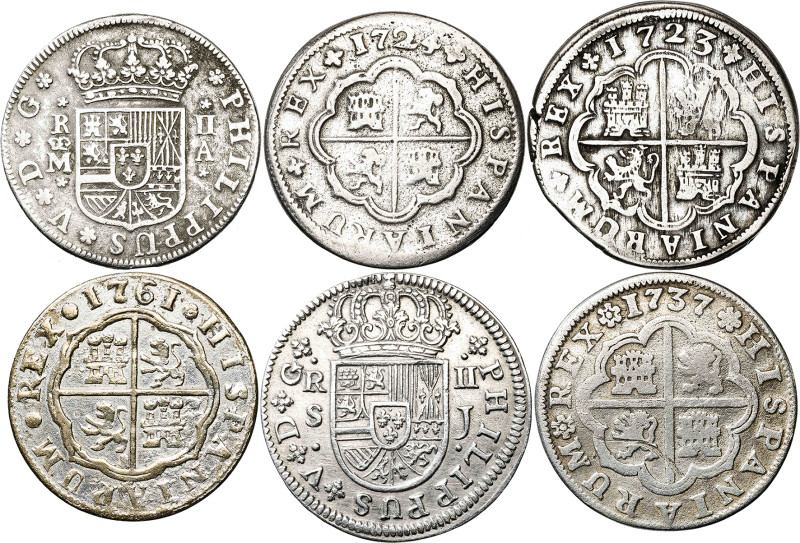 Felipe V y Carlos III. 2 reales. Lote de 6 monedas: Sevilla (tres), Madrid (tres...