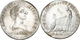 1789. Carlos IV. Barcelona. Proclamación. (Ha. 11) (V. 75) (V.Q. 13072) (Boada 25). Grabador: J. Daroca. Hojita en reverso. Escasa. Plata. 6,55 g. Ø31...