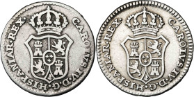 1789. Carlos IV. Madrid. Proclamación. Módulo 1/2 real. (Ha. 66) (V. 691) (V.Q. 13121). Lote de 2 medallas. MBC-/MBC.