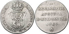 1789. Carlos IV. Madrid. Proclamación. Módulo 1 real. (Ha. 65) (V. 88) (V.Q. 13120). 2,98 g. MBC-.