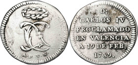 1789. Carlos IV. Valencia. Proclamación. Módulo 1 real. (Ha. 109) (Cru. Medalles 247) (Boada 47). Manchitas. Escasa. 2,25 g. MBC.