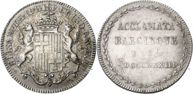 1833. Isabel II. Barcelona. Proclamación. (Ha. 6) (Boada 53). Rayitas en reverso. 5,84 g. MBC+.