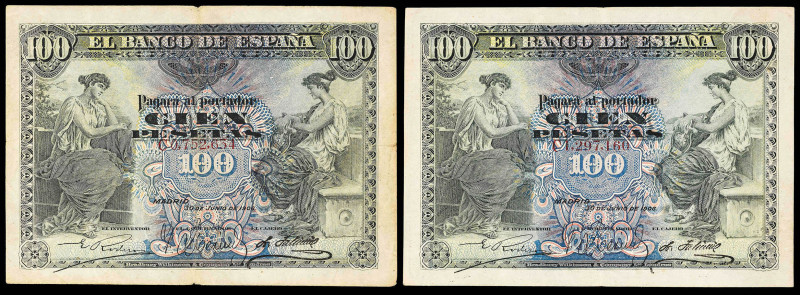 1906. 100 pesetas. (Ed. 313a). 30 de junio. Lote de 2 billetes, serie C. BC+/MBC...