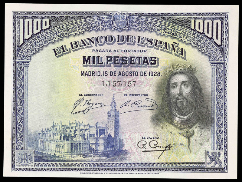 1928. 1000 pesetas. (Ed. 357). 15 de agosto, San Fernando. Doblez central. EBC.