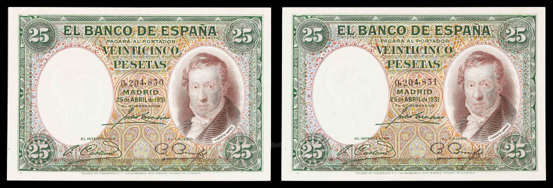 1931. 25 pesetas. (Ed. 358). 25 de abril, Vicente López. Pareja correlativa. Pun...