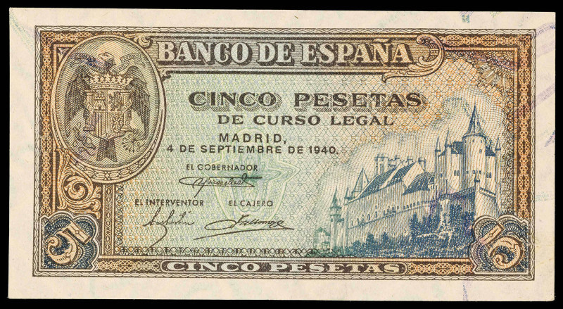 1940. 5 pesetas. (Ed. 443a). 4 de septiembre, Alcázar de Segovia. Serie B. Esqui...