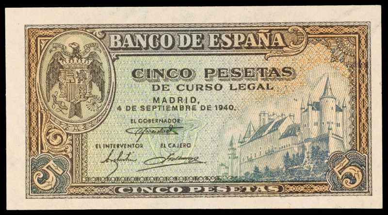 1940. 5 pesetas. (Ed. 443a). 4 de septiembre, Alcázar de Segovia. Serie C. Apres...