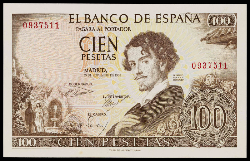 1965. 100 pesetas. (Ed. 470). 19 de noviembre, Bécquer. Sin serie. Mínima manchi...