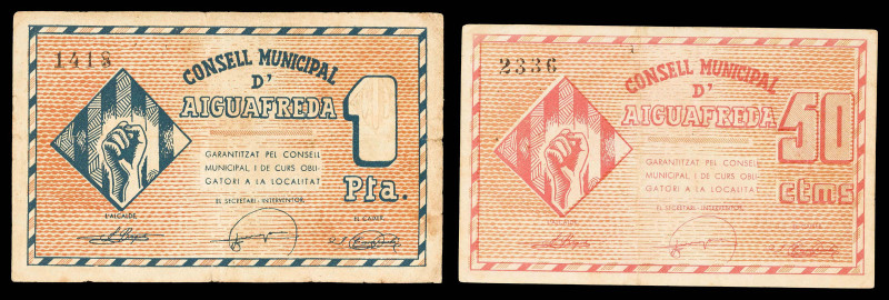 Aiguafreda. 50 céntimos y 1 peseta. (T. 29 y 30). 2 billetes, todos los de la lo...