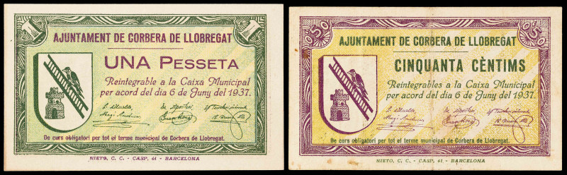 Corbera de Llobregat. 50 céntimos y 1 peseta. (T. 1009 y 1010). 2 billetes, todo...