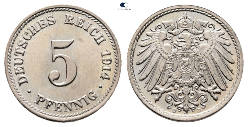 Germany. AD 1914. 
5 Pfennig 1914 D

 mm, 2,50 g



Mint State