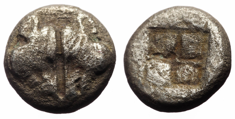 Lesbos, uncertain mint, obol (Silver, 9.3 mm, 1.07 g), ca 500-450 BC.
Obv: Two b...