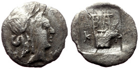 Lycia, Lycian League, Kragos (ca. 48-20 BC) AR Hemidrachm (Silver, 14mm, 1.17g) 
Obv: Laureate head of Apollo right; Λ-Y below 
Rev: K-P, cithara (lyr...