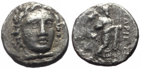Satraps of Caria, Hidrieus (351-344 BC) AR Drachm (Silver, 3.31g, 14mm) 
Obv: Head of Apollo facing slightly right 
Rev: IΔΡIEΩΣ, Zeus Labraundos stan...