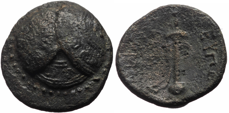 Caria, Mylasa AE (Bronze, 3.95g, 18mm) Eupolemos (295-280 BC) 
Obv: Three overla...