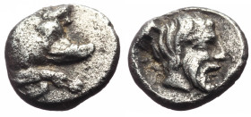 Caria, Euromos, AR Hemiobol (Silver, 7.8 mm, 0.49 g), 5th century BC. 
Obv. Forepart of boar right. 
Rev. Bearded head of Lepsynos right. 
Ref: Ashton...
