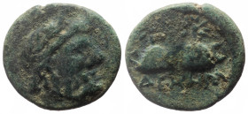 Caria, Tabai, AE (Bronze, 18.3 mm, 3.49 g), 1st century BC.
Obv. Laureate head of Zeus to right. 
Rev. [T]ABHNΩN, caps of the Dioskouroi surmounted by...