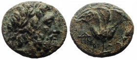 Islands of Caria, Rhodos, Rhodes, Æ tetrachalkon (Bronze, 18.7 mm, 4.26 g), ca 229-205 BC.
Obv. Laureate head of Zeus right. 
Rev. Rose with bud to ri...