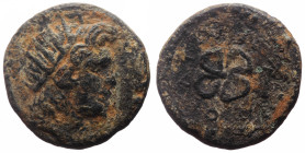 Islands of Caria, Rhodos, Rhodes, AE (Bronze, 18.2 mm, 4.21), early 1st century AD. 
Obv. Radiate head of Helios to right. 
Rev. POΔIWN, rose seen fro...