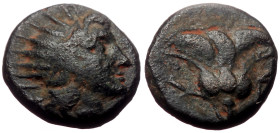 Islands off Caria, Rhodos AE (Bronze, 1.85g, 12mm) ca 188-84 BC. 
Obv: Radiate head of Helios right 
Rev: P-O, rose with bud to left and right, all wi...