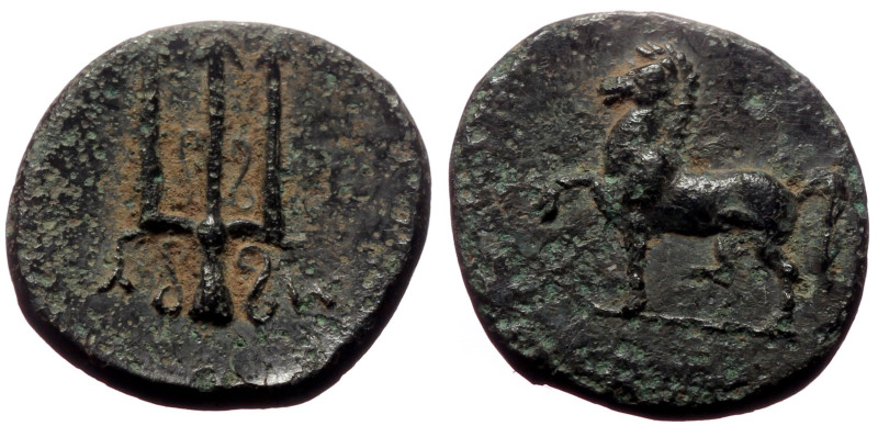 Caria, Mylasa AE (Bronze, 1.49g, 13mm) ca 210-30 BC
Obv: Horse walking l. 
Rev: ...