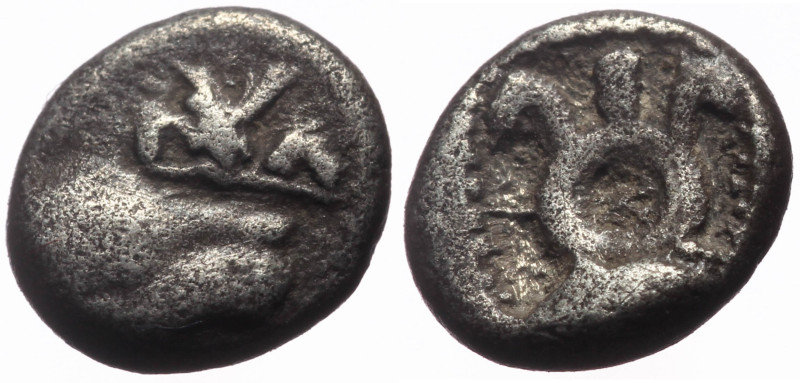 Lydia, uncertain mint AR Hemiobol (Silver, 0.49g, 7mm) 5th century BC. 
Obv: Hea...