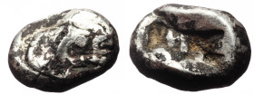 Lydia, Kroisos, siglos or half AR stater, (Silver, 15.8 mm, 4.38 g), Sardeis, ca 560-546 BC. 
Obv. Confronted foreparts of a roaring lion and a bull. ...
