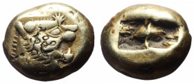 Lydian Kingdom, Alyattes to Kroisos, trite (Electrum, 12.6 mm, 4.71 g), Sardis, ca 610-546 BC. 
Obv: Head of roaring lion right, multiple-rayed sun on...