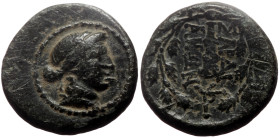 Lydia, Sardes AE (Bronze, 4.28g, 15mm) 2nd-1st centuries BC
Obv: Laureate head of Apollo right.
Rev: Club right within wreath; monogram.
Ref: SNG Cope...